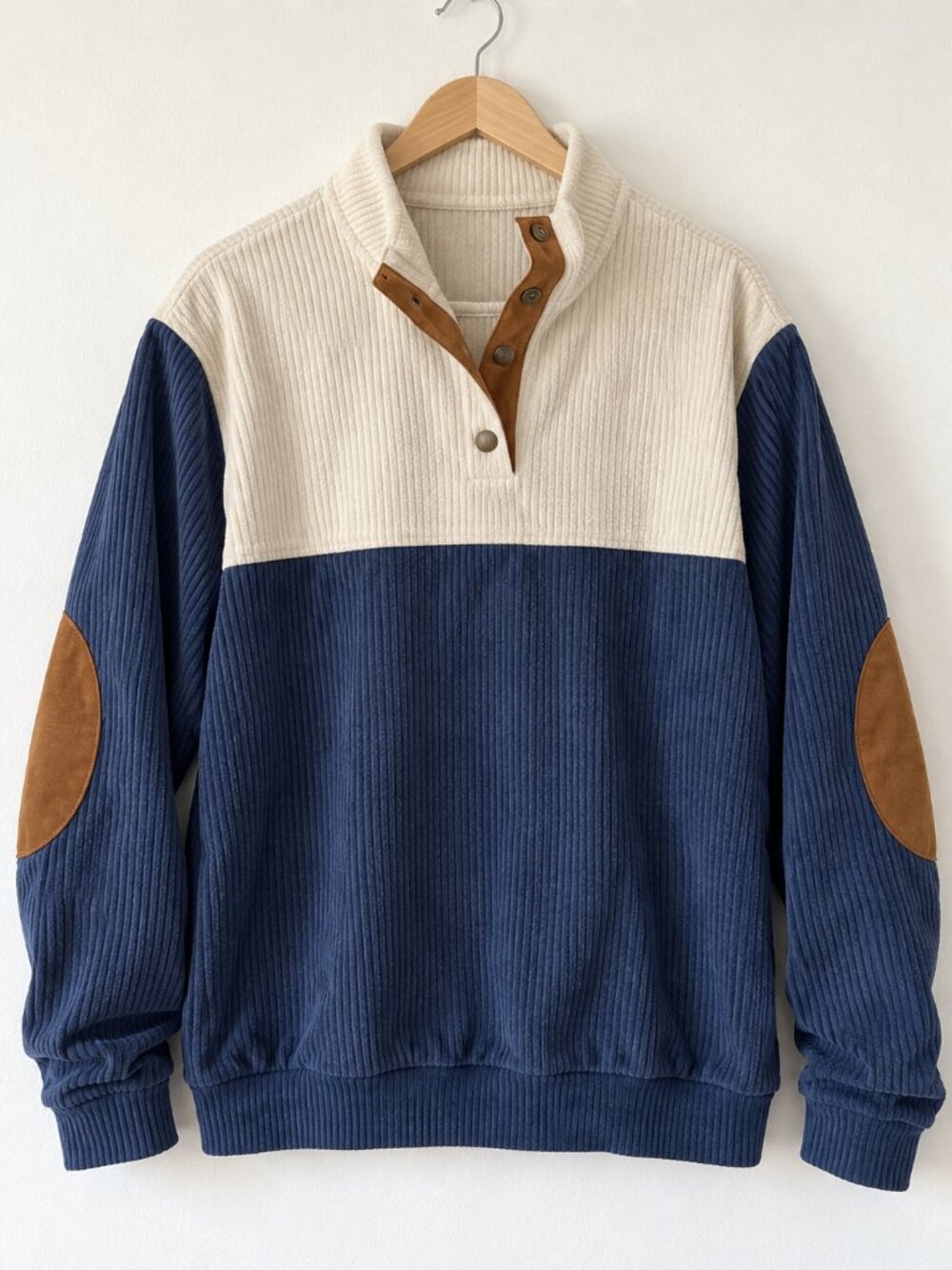 Color Block Corduroy Stand Collar Sweatshirt Men’s XL Navy Cream Brown NWOT